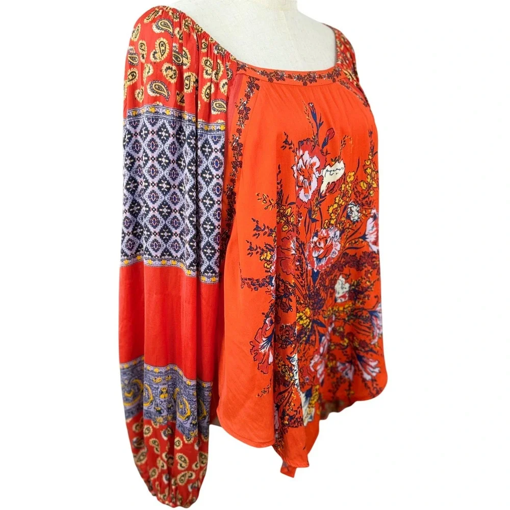 EUC Free People Positano Blouse S Floral Paisley Balloon Sleeve Boho Festival‎